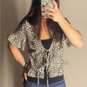 Princess Polly Anton Double Tie Flutter Sleeve Blouse Brown & Black Size Small